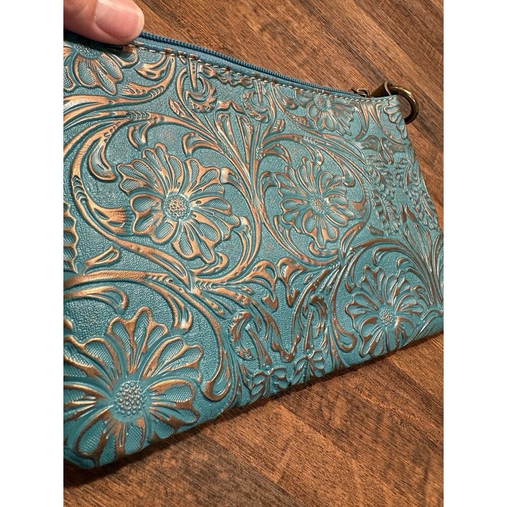 Justin Turquoise Bronze Floral Embossed Wristlet with Card Slots